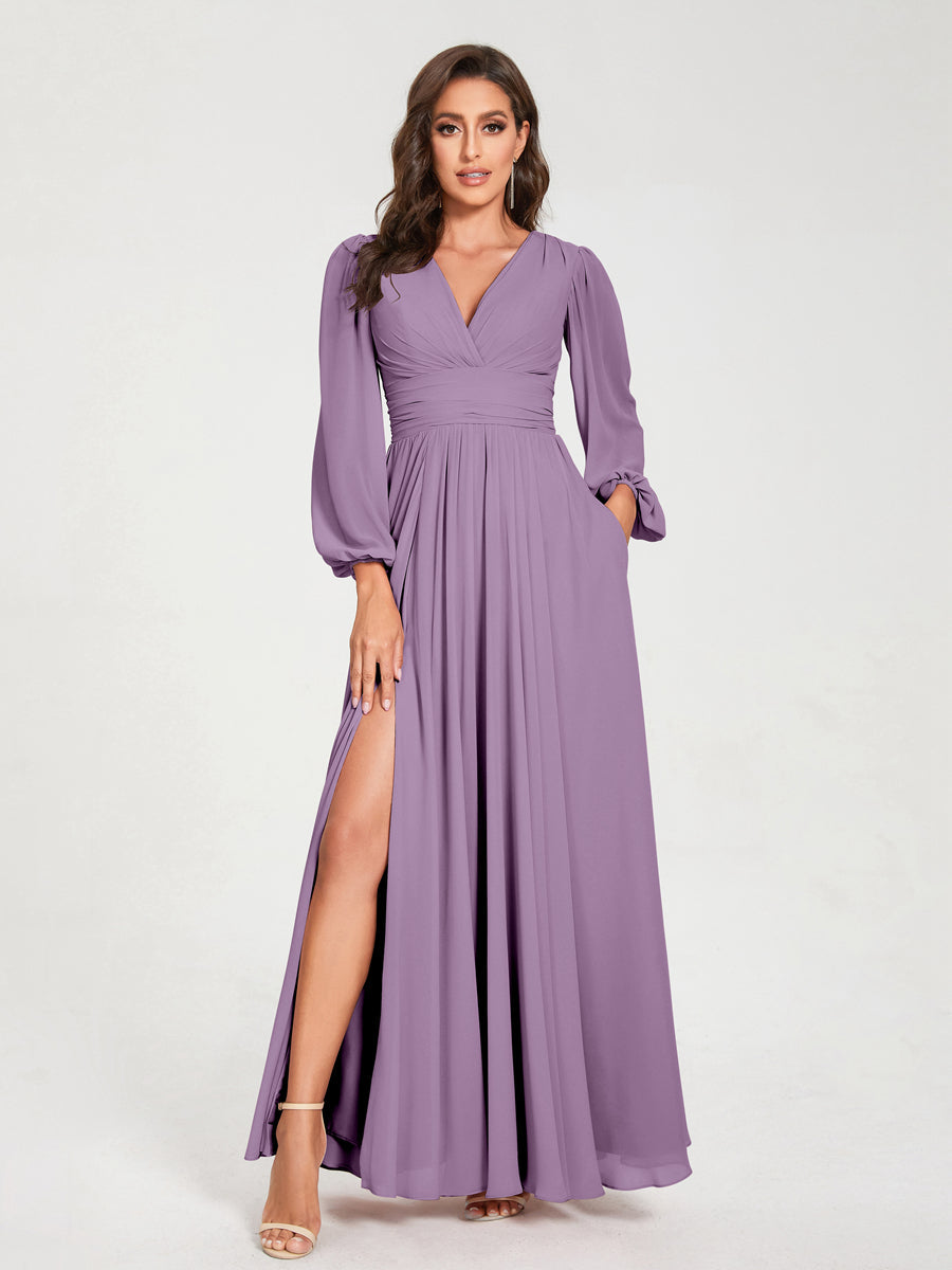 A-Line/Princess Chiffon V-Neck Long Sleeves Split Side Floor-Length With Pockets Bridesmaid Dresses