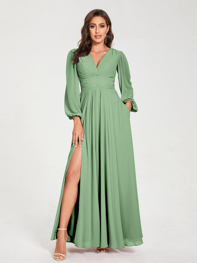 A-Line/Princess Chiffon V-Neck Long Sleeves Split Side Floor-Length With Pockets Bridesmaid Dresses