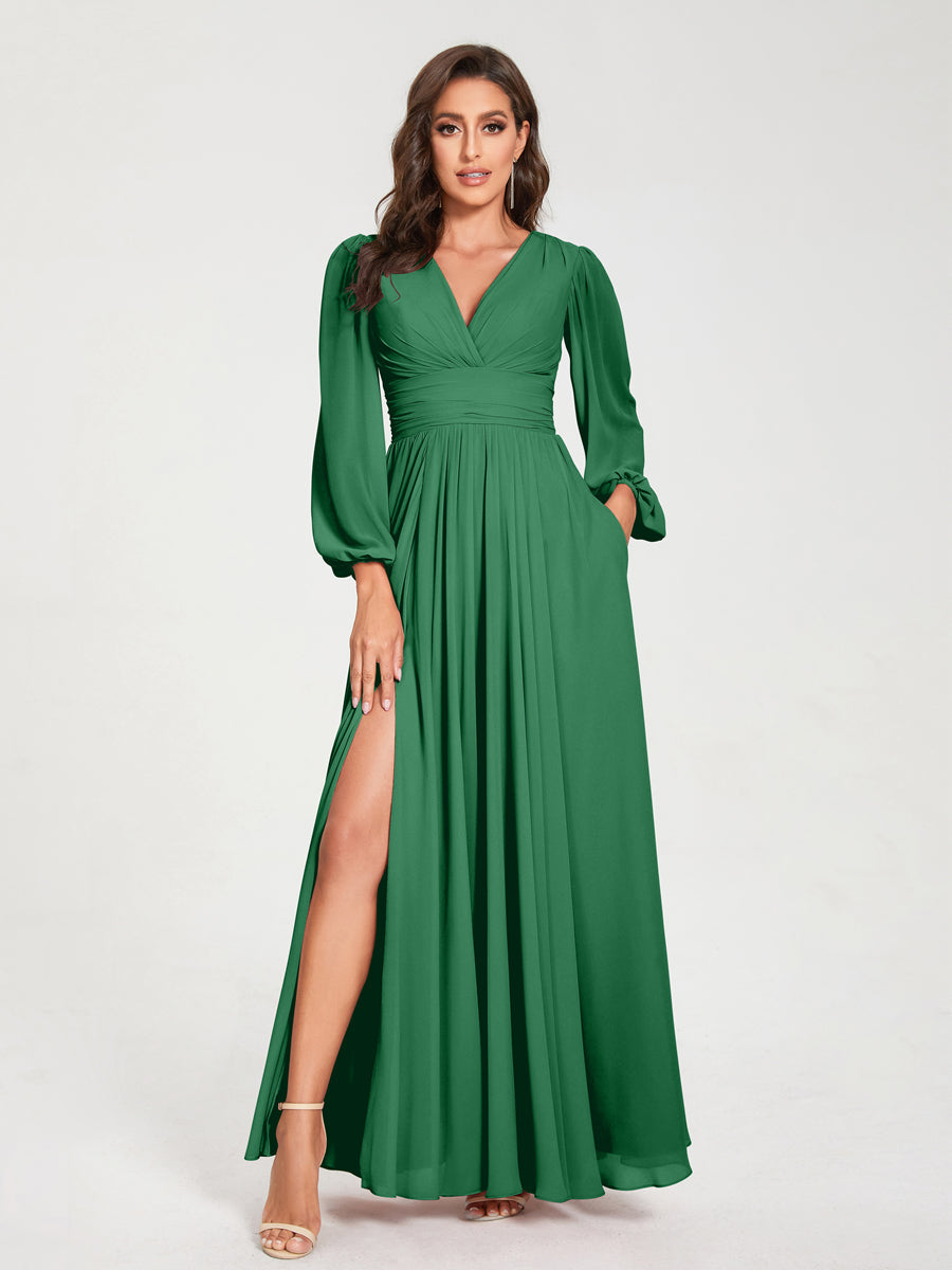 A-Line/Princess Chiffon V-Neck Long Sleeves Split Side Floor-Length With Pockets Bridesmaid Dresses