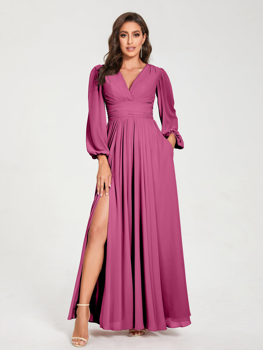 A-Line/Princess Chiffon V-Neck Long Sleeves Split Side Floor-Length With Pockets Bridesmaid Dresses