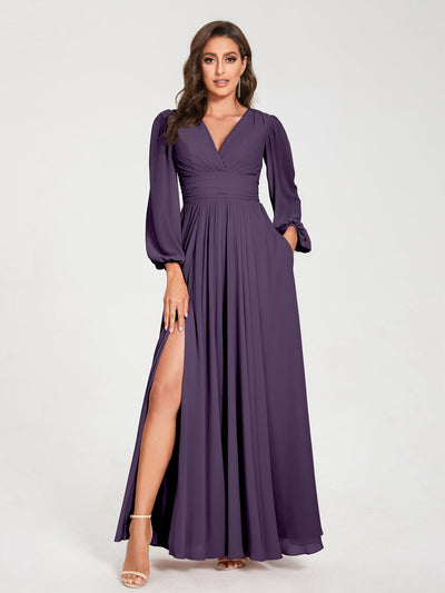 A-Line/Princess Chiffon V-Neck Long Sleeves Split Side Floor-Length With Pockets Bridesmaid Dresses