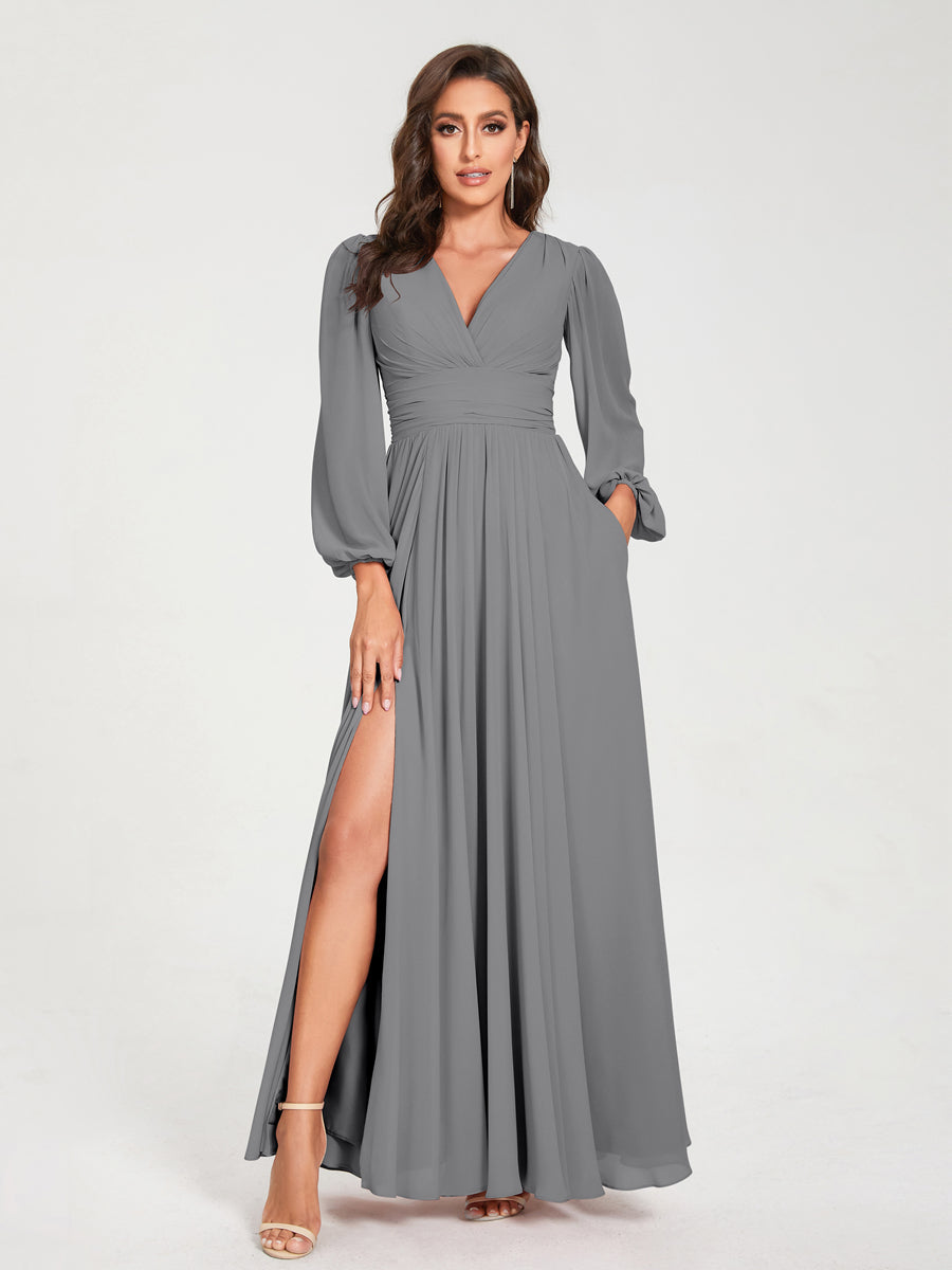 A-Line/Princess Chiffon V-Neck Long Sleeves Split Side Floor-Length With Pockets Bridesmaid Dresses