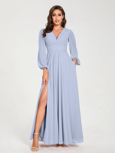 A-Line/Princess Chiffon V-Neck Long Sleeves Split Side Floor-Length With Pockets Bridesmaid Dresses