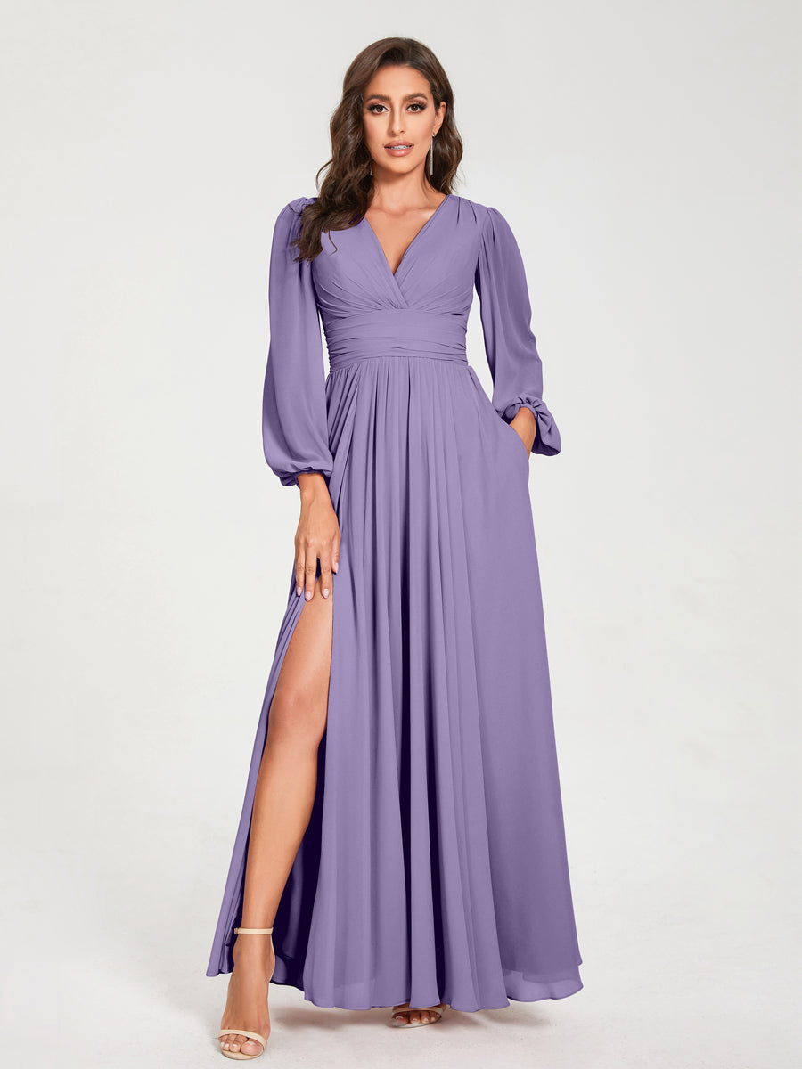 A-Line/Princess Chiffon V-Neck Long Sleeves Split Side Floor-Length With Pockets Bridesmaid Dresses