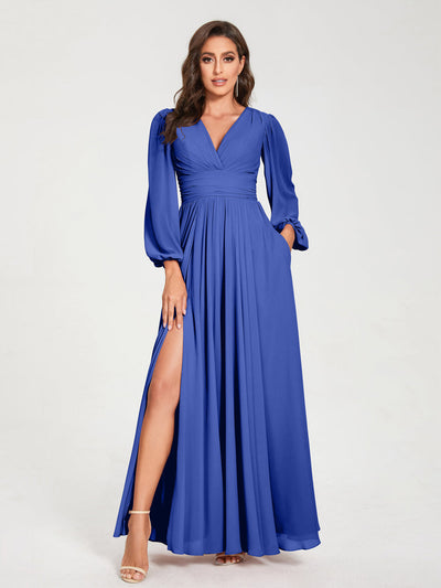 A-Line/Princess Chiffon V-Neck Long Sleeves Split Side Floor-Length With Pockets Bridesmaid Dresses