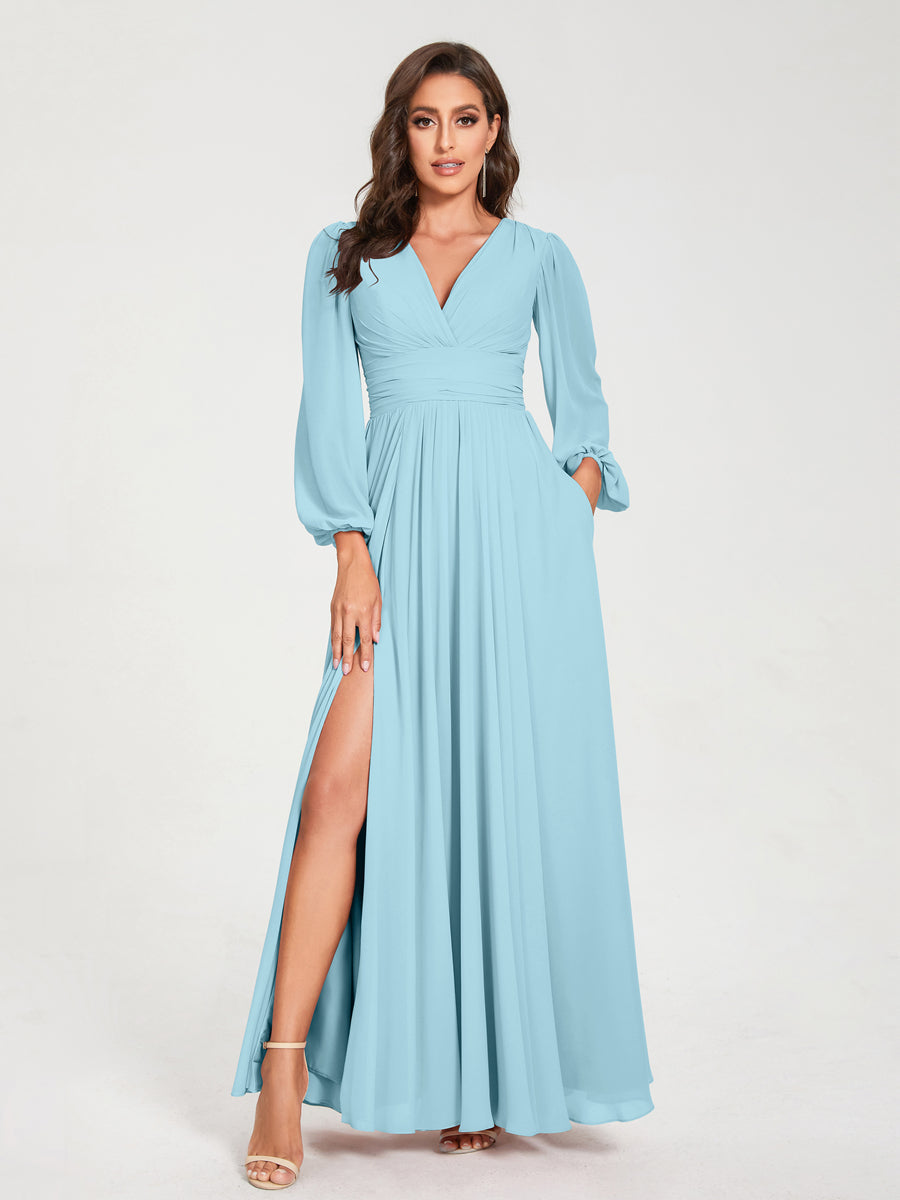 A-Line/Princess Chiffon V-Neck Long Sleeves Split Side Floor-Length With Pockets Bridesmaid Dresses