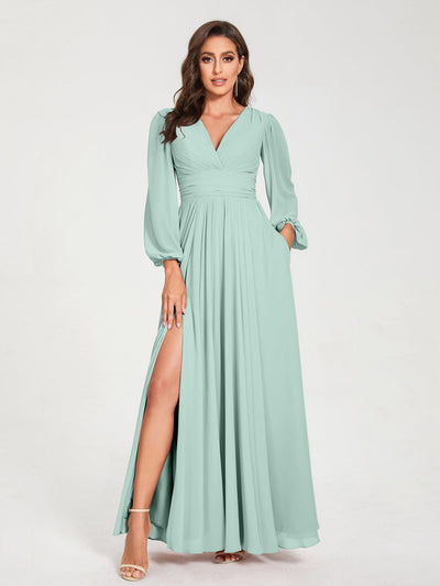 A-Line/Princess Chiffon V-Neck Long Sleeves Split Side Floor-Length With Pockets Bridesmaid Dresses