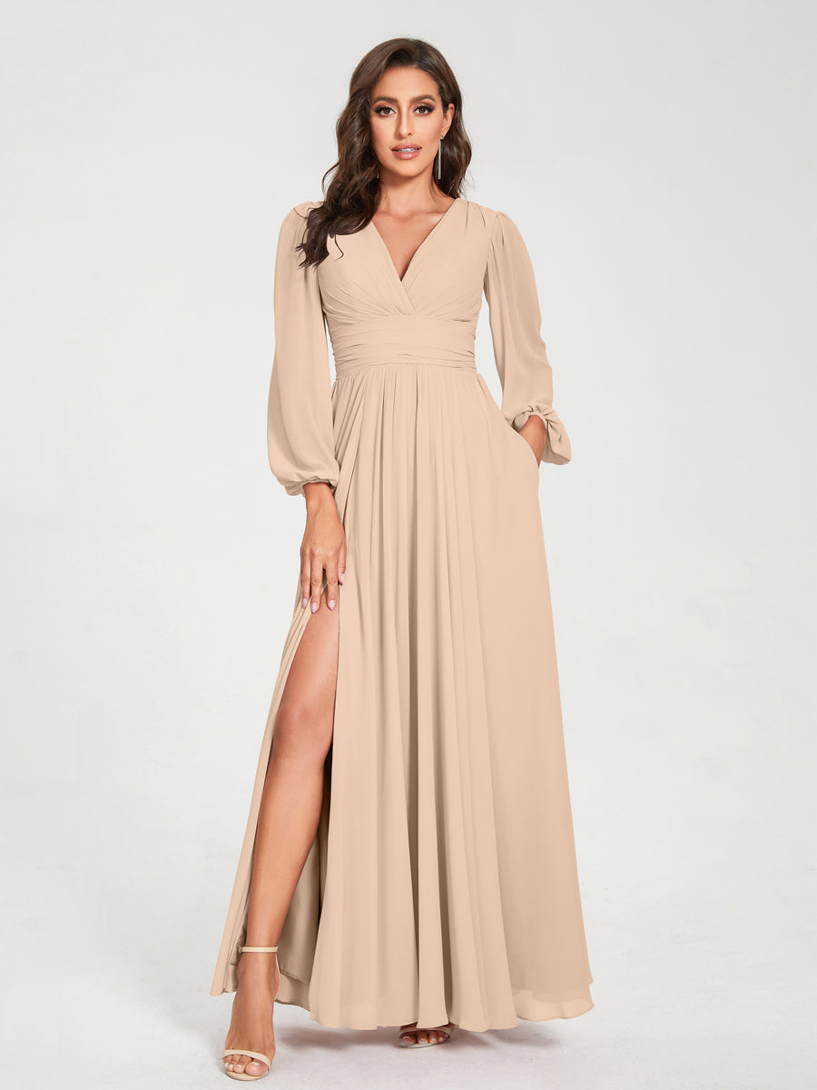 Lavetir Bridesmaid Dresses Blush Pink A-Line/Princess Chiffon V-Neck Long Sleeves Split Side Floor-Length With Pockets 2026