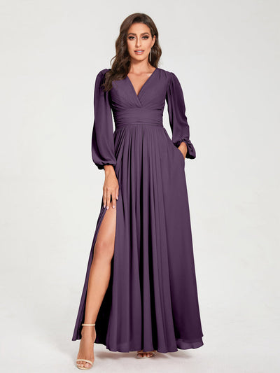 A-Line/Princess Chiffon V-Neck Long Sleeves Split Side Floor-Length With Pockets Bridesmaid Dresses