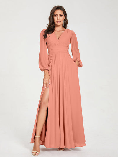 A-Line/Princess Chiffon V-Neck Long Sleeves Split Side Floor-Length With Pockets Bridesmaid Dresses