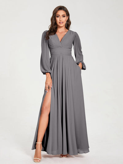 A-Line/Princess Chiffon V-Neck Long Sleeves Split Side Floor-Length With Pockets Bridesmaid Dresses