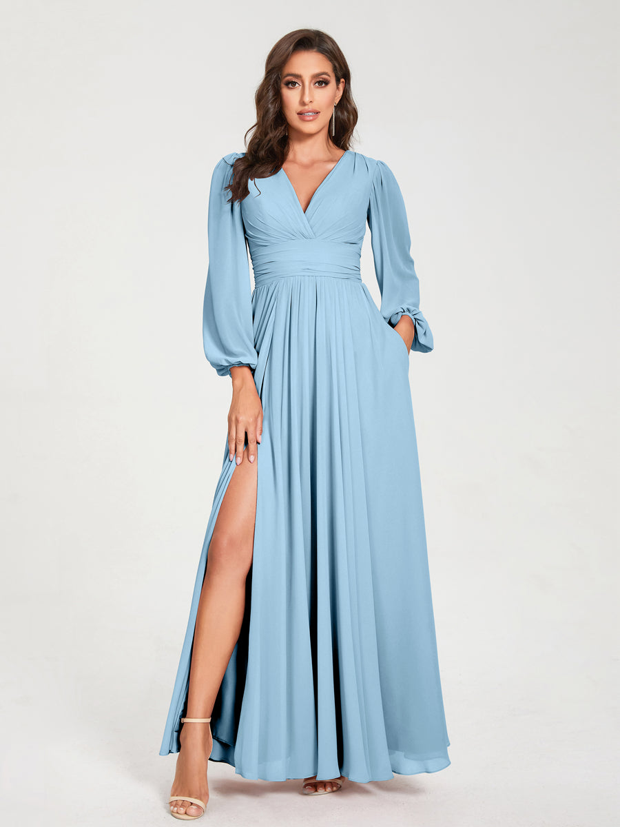 A-Line/Princess Chiffon V-Neck Long Sleeves Split Side Floor-Length With Pockets Bridesmaid Dresses