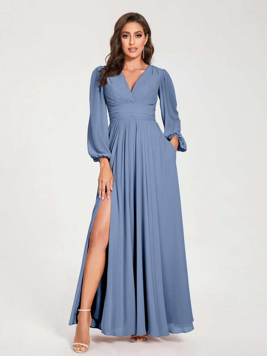 A-Line/Princess Chiffon V-Neck Long Sleeves Split Side Floor-Length With Pockets Bridesmaid Dresses