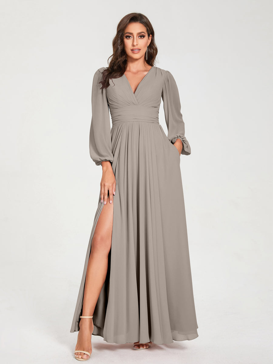 A-Line/Princess Chiffon V-Neck Long Sleeves Split Side Floor-Length With Pockets Bridesmaid Dresses