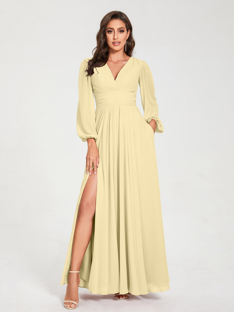 A-Line/Princess Chiffon V-Neck Long Sleeves Split Side Floor-Length With Pockets Bridesmaid Dresses