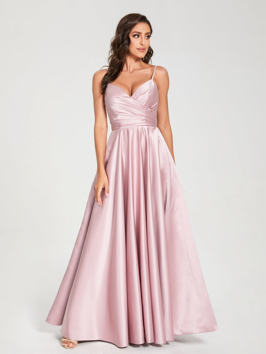A-Line/Princess Satin V-Neck Sleeveless Floor-Length With Pockets Bridesmaid Dresses
