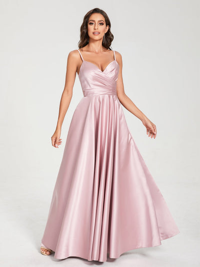 A-Line/Princess Satin V-Neck Sleeveless Floor-Length With Pockets Bridesmaid Dresses