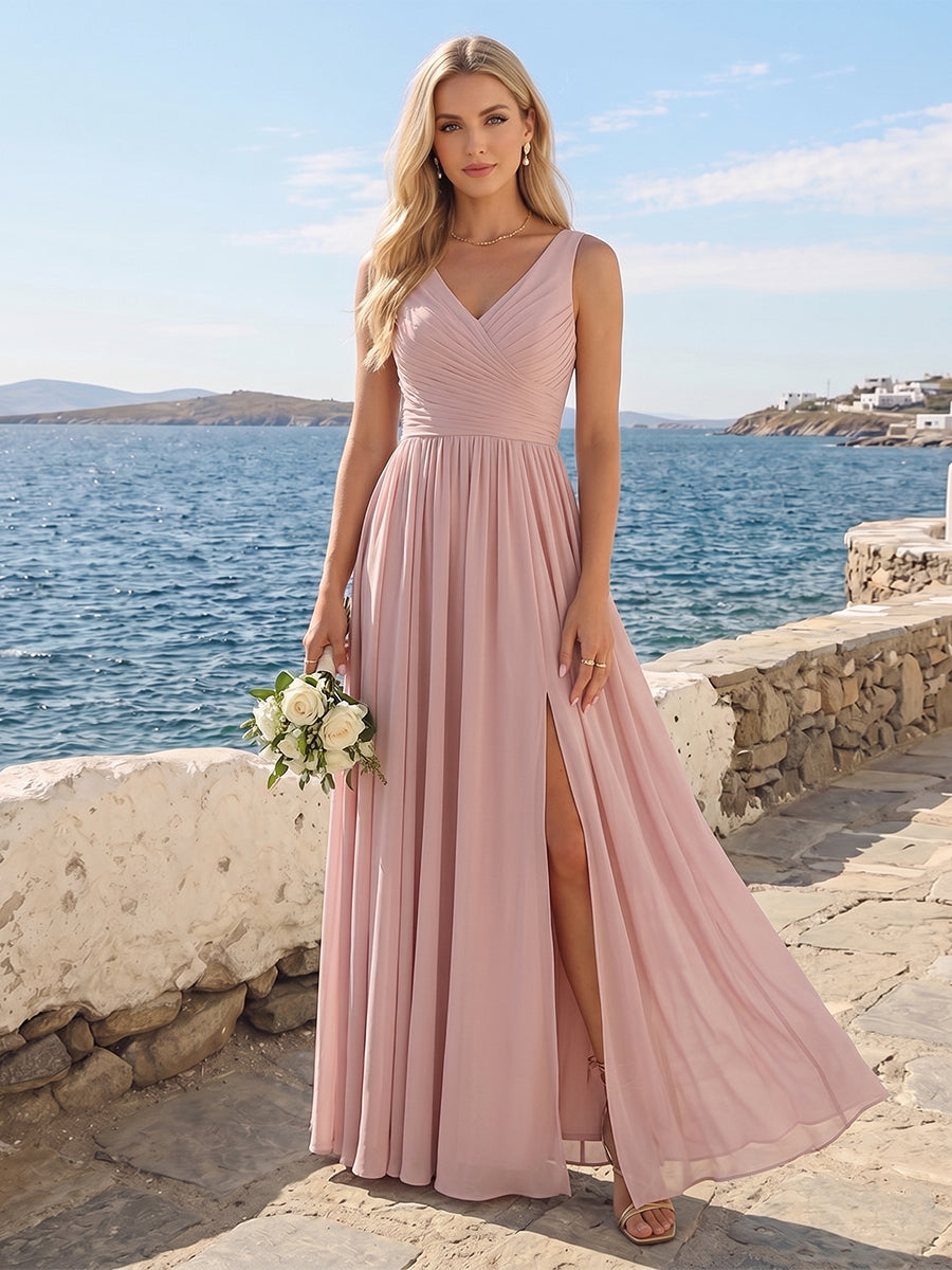A-Line/Princess Chiffon V-Neck Sleeveless With Pleats Floor-Length Lace Up Bridesmaid Dresses