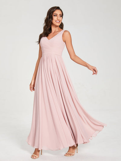 A-Line/Princess Chiffon V-Neck Sleeveless With Pleats Floor-Length Lace Up Bridesmaid Dresses