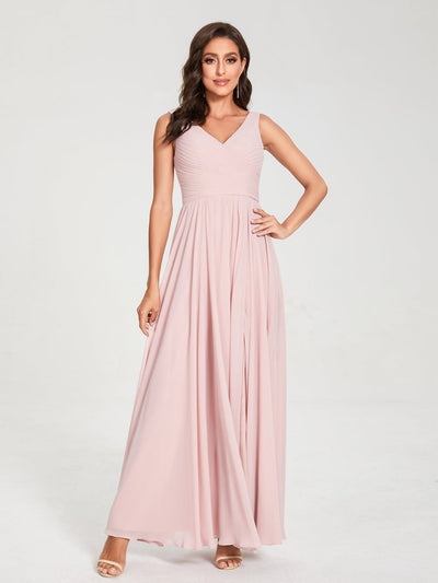 A-Line/Princess Chiffon V-Neck Sleeveless With Pleats Floor-Length Lace Up Bridesmaid Dresses