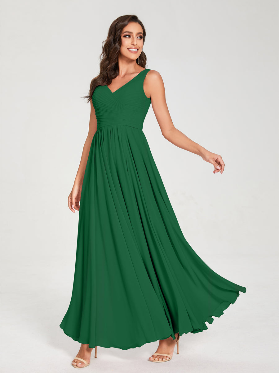 A-Line/Princess Chiffon V-Neck Sleeveless With Pleats Floor-Length Lace Up Bridesmaid Dresses