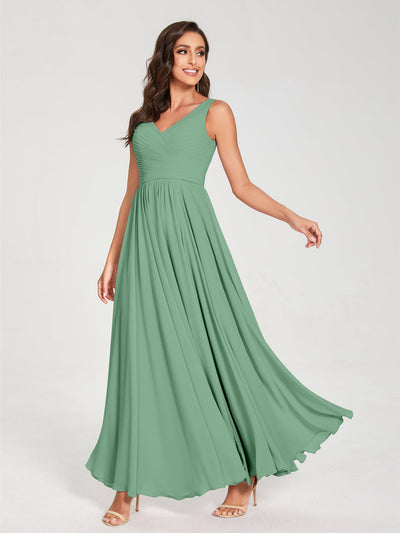 A-Line/Princess Chiffon V-Neck Sleeveless With Pleats Floor-Length Lace Up Bridesmaid Dresses