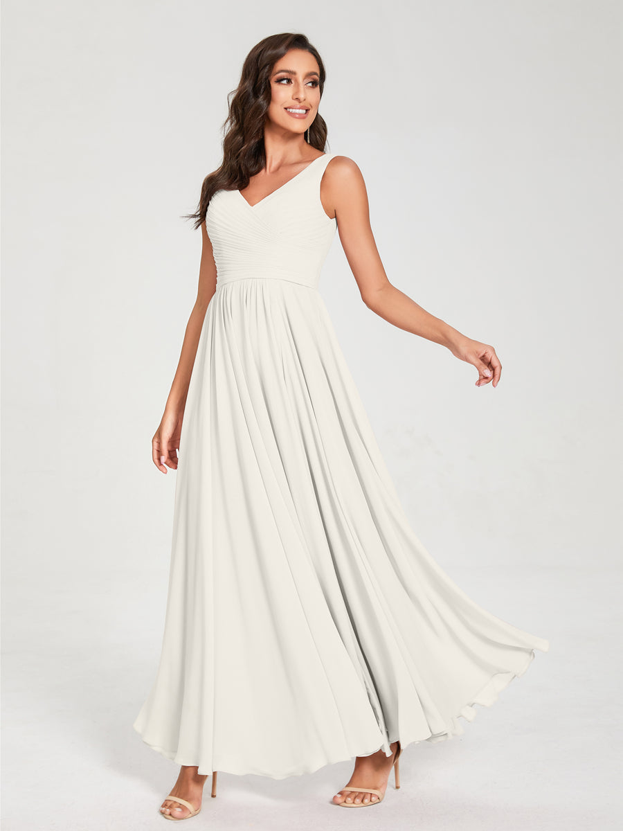 A-Line/Princess Chiffon V-Neck Sleeveless With Pleats Floor-Length Lace Up Bridesmaid Dresses
