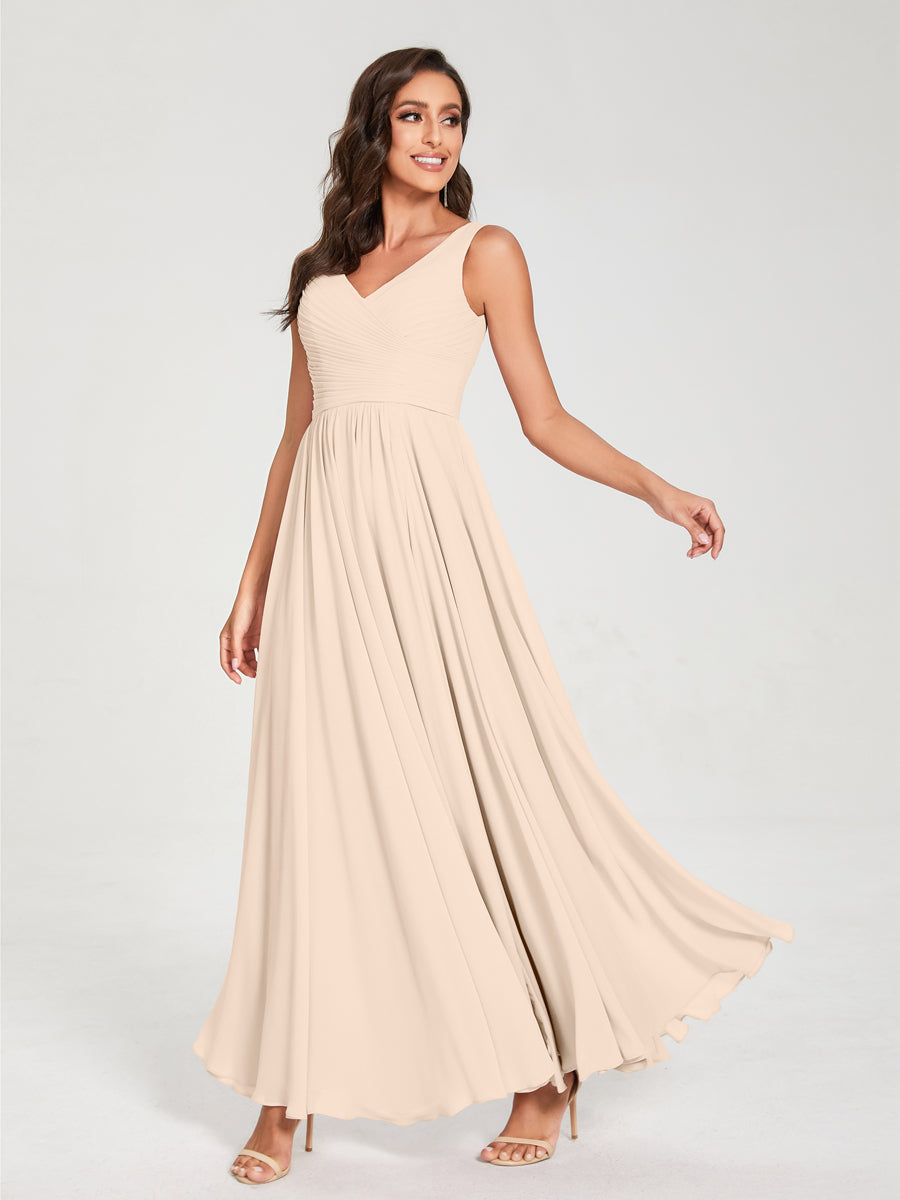 A-Line/Princess Chiffon V-Neck Sleeveless With Pleats Floor-Length Lace Up Bridesmaid Dresses