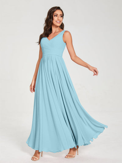 A-Line/Princess Chiffon V-Neck Sleeveless With Pleats Floor-Length Lace Up Bridesmaid Dresses