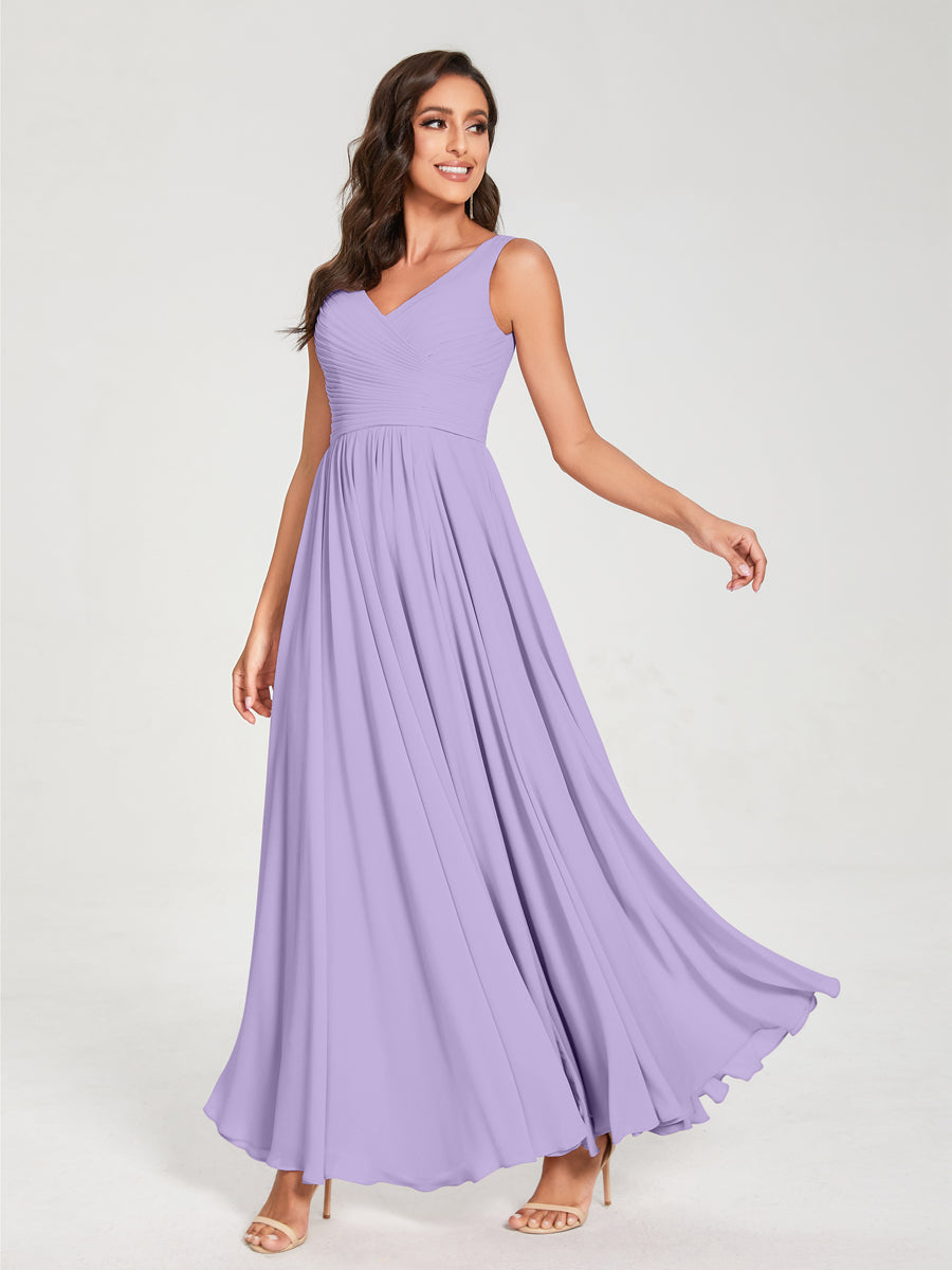 A-Line/Princess Chiffon V-Neck Sleeveless With Pleats Floor-Length Lace Up Bridesmaid Dresses