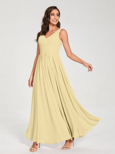 A-Line/Princess Chiffon V-Neck Sleeveless With Pleats Floor-Length Lace Up Bridesmaid Dresses