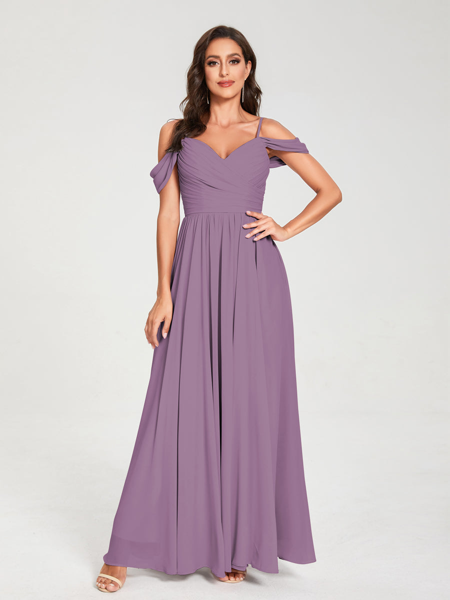 A-Line/Princess Chiffon Spaghetti Straps Off-the-Shoulder Sleeveless Floor-Length Split Side Bridesmaid Dresses