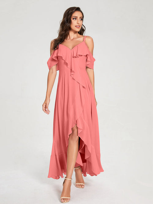 A-Line/Princess Chiffon Spaghetti Straps V-Neck Short Sleeves With Ruffles Asymmetrical Bridesmaid Dresses