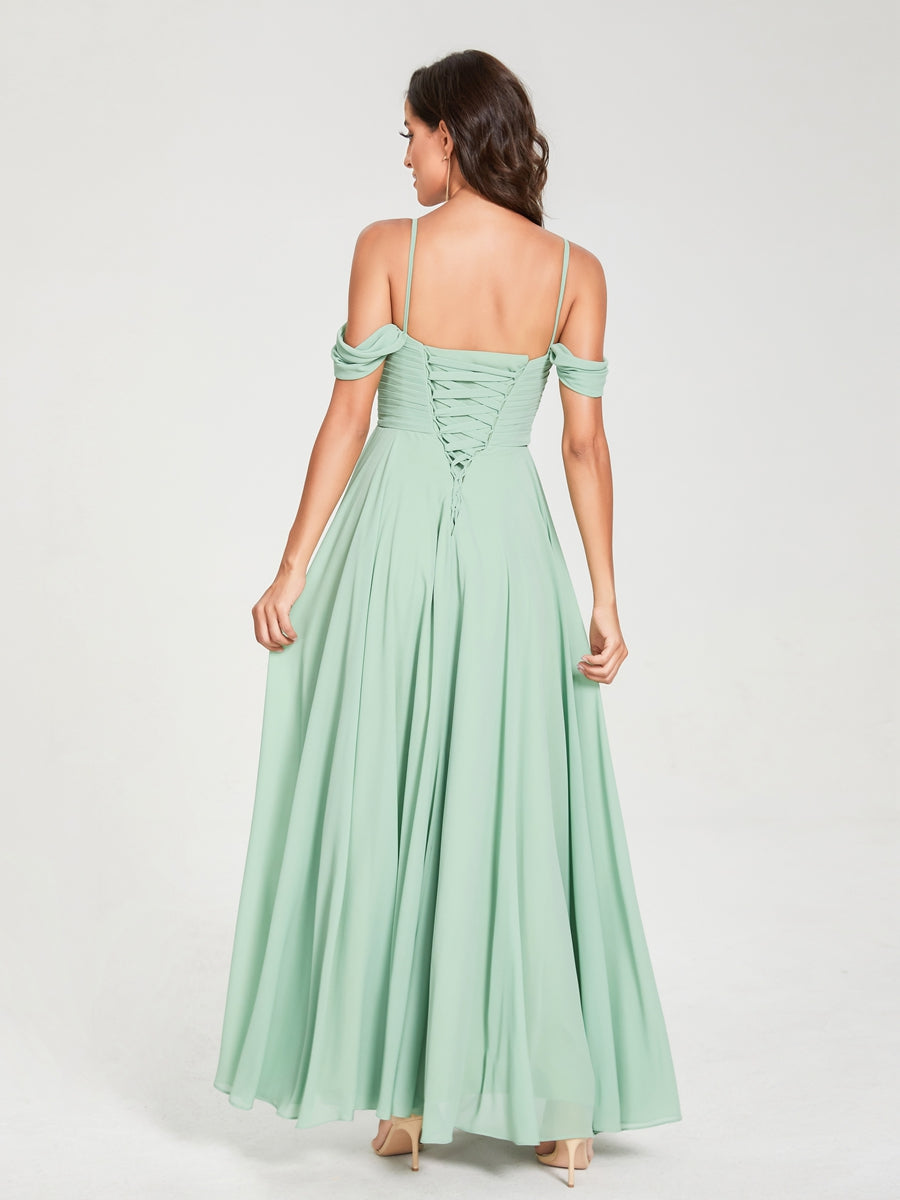 A-Line/Princess Chiffon Spaghetti Straps Short Sleeves Floor-Length With Pleats Bridesmaid Dresses