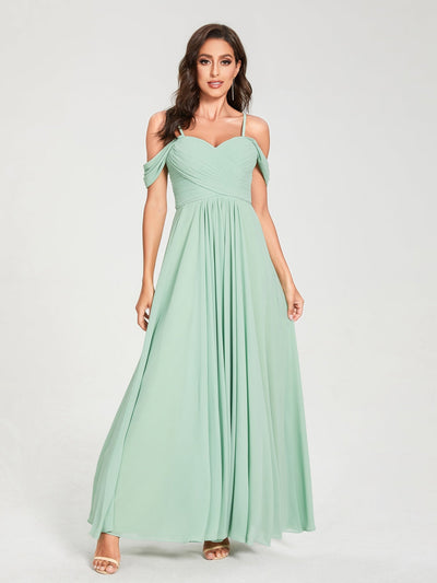 A-Line/Princess Chiffon Spaghetti Straps Short Sleeves Floor-Length With Pleats Bridesmaid Dresses