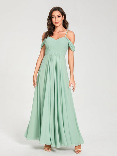 A-Line/Princess Chiffon Spaghetti Straps Short Sleeves Floor-Length With Pleats Bridesmaid Dresses