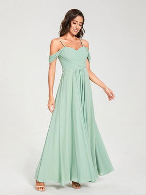 A-Line/Princess Chiffon Spaghetti Straps Short Sleeves Floor-Length With Pleats Bridesmaid Dresses