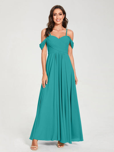 A-Line/Princess Chiffon Spaghetti Straps Short Sleeves Floor-Length With Pleats Bridesmaid Dresses