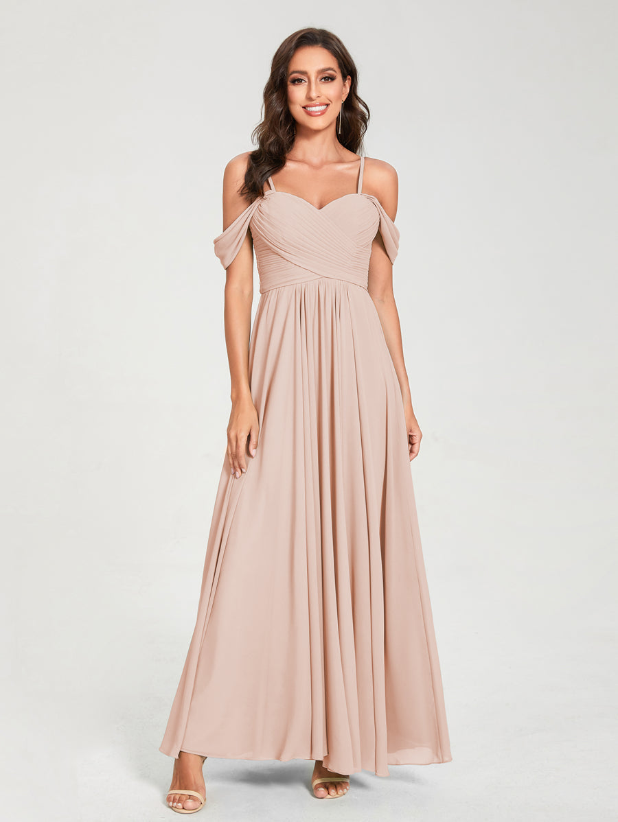 A-Line/Princess Chiffon Spaghetti Straps Short Sleeves Floor-Length With Pleats Bridesmaid Dresses