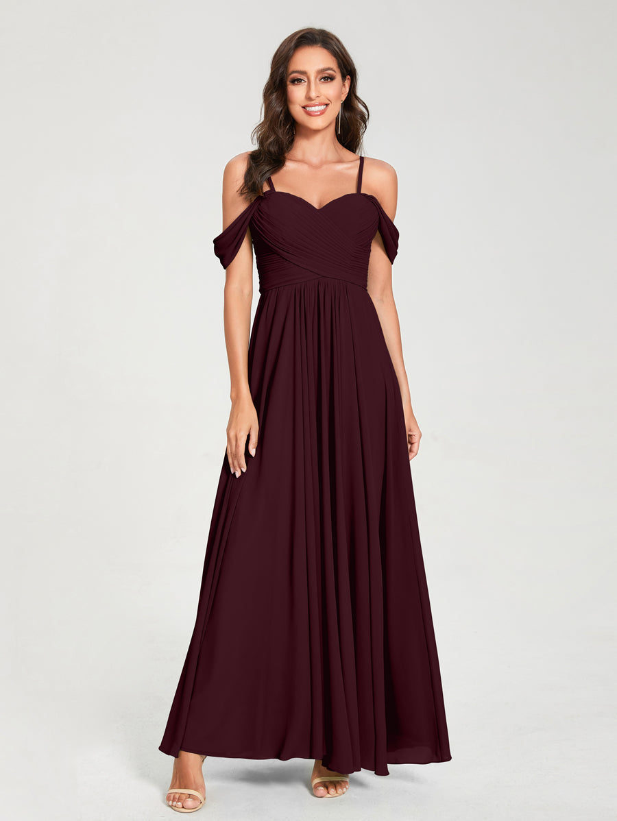 A-Line/Princess Chiffon Spaghetti Straps Short Sleeves Floor-Length With Pleats Bridesmaid Dresses