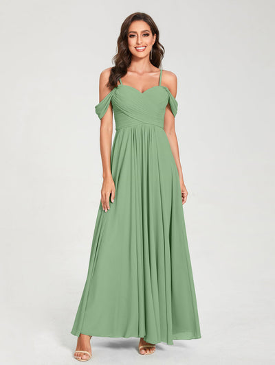 A-Line/Princess Chiffon Spaghetti Straps Short Sleeves Floor-Length With Pleats Bridesmaid Dresses