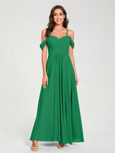 A-Line/Princess Chiffon Spaghetti Straps Short Sleeves Floor-Length With Pleats Bridesmaid Dresses