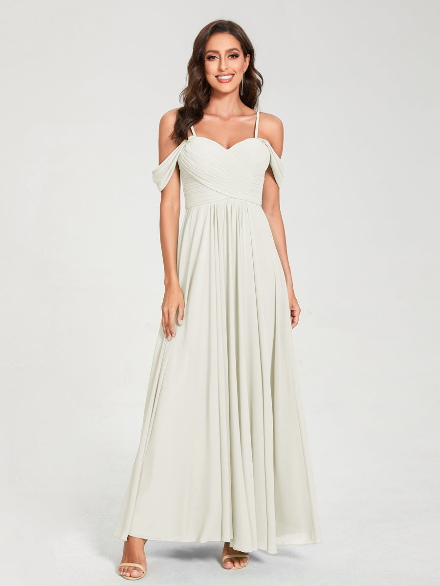 A-Line/Princess Chiffon Spaghetti Straps Short Sleeves Floor-Length With Pleats Bridesmaid Dresses