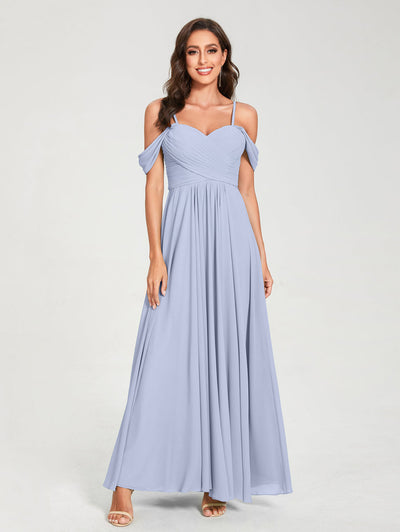 A-Line/Princess Chiffon Spaghetti Straps Short Sleeves Floor-Length With Pleats Bridesmaid Dresses