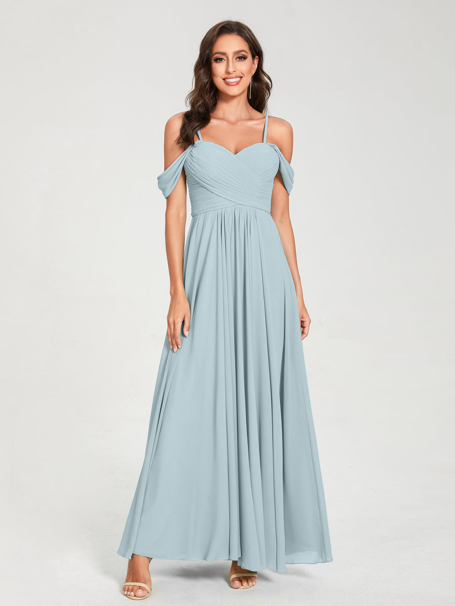 A-Line/Princess Chiffon Spaghetti Straps Short Sleeves Floor-Length With Pleats Bridesmaid Dresses