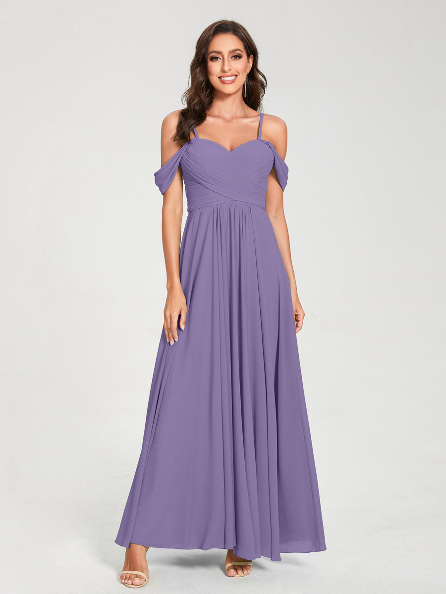 A-Line/Princess Chiffon Spaghetti Straps Short Sleeves Floor-Length With Pleats Bridesmaid Dresses