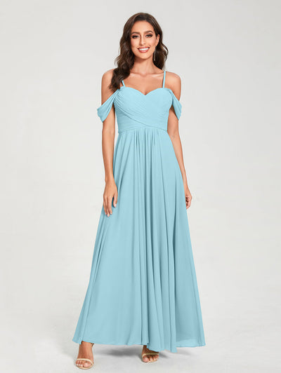 A-Line/Princess Chiffon Spaghetti Straps Short Sleeves Floor-Length With Pleats Bridesmaid Dresses