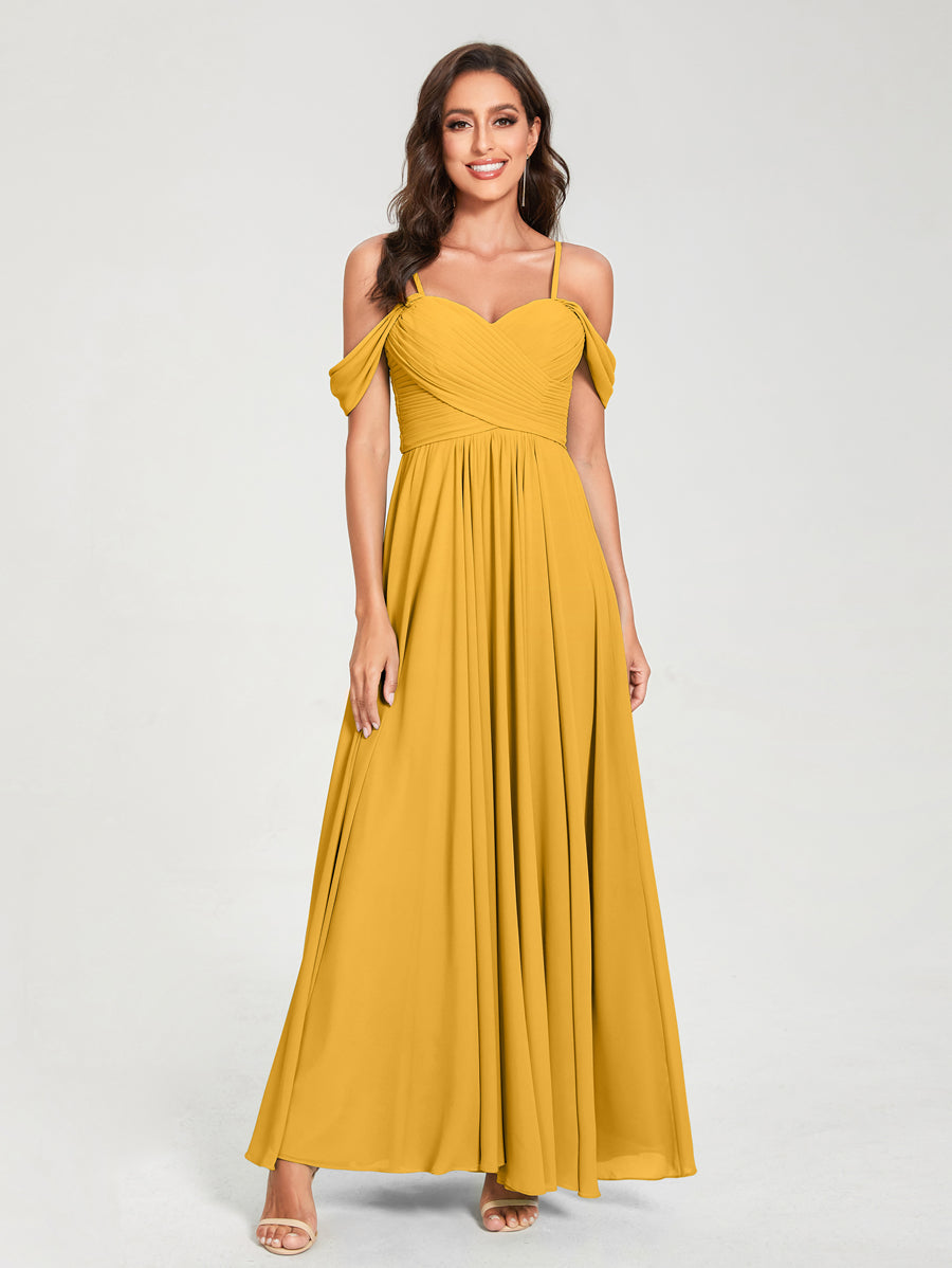 A-Line/Princess Chiffon Spaghetti Straps Short Sleeves Floor-Length With Pleats Bridesmaid Dresses