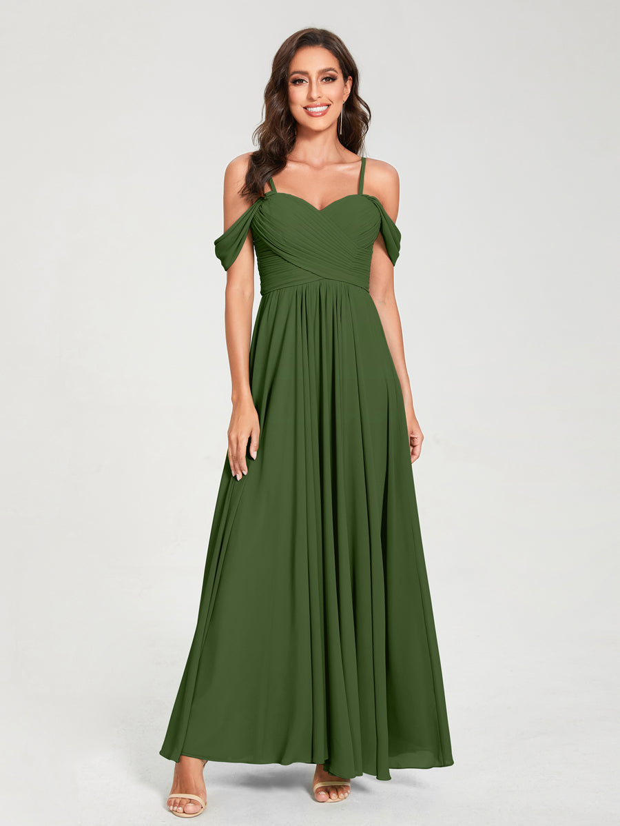 A-Line/Princess Chiffon Spaghetti Straps Short Sleeves Floor-Length With Pleats Bridesmaid Dresses