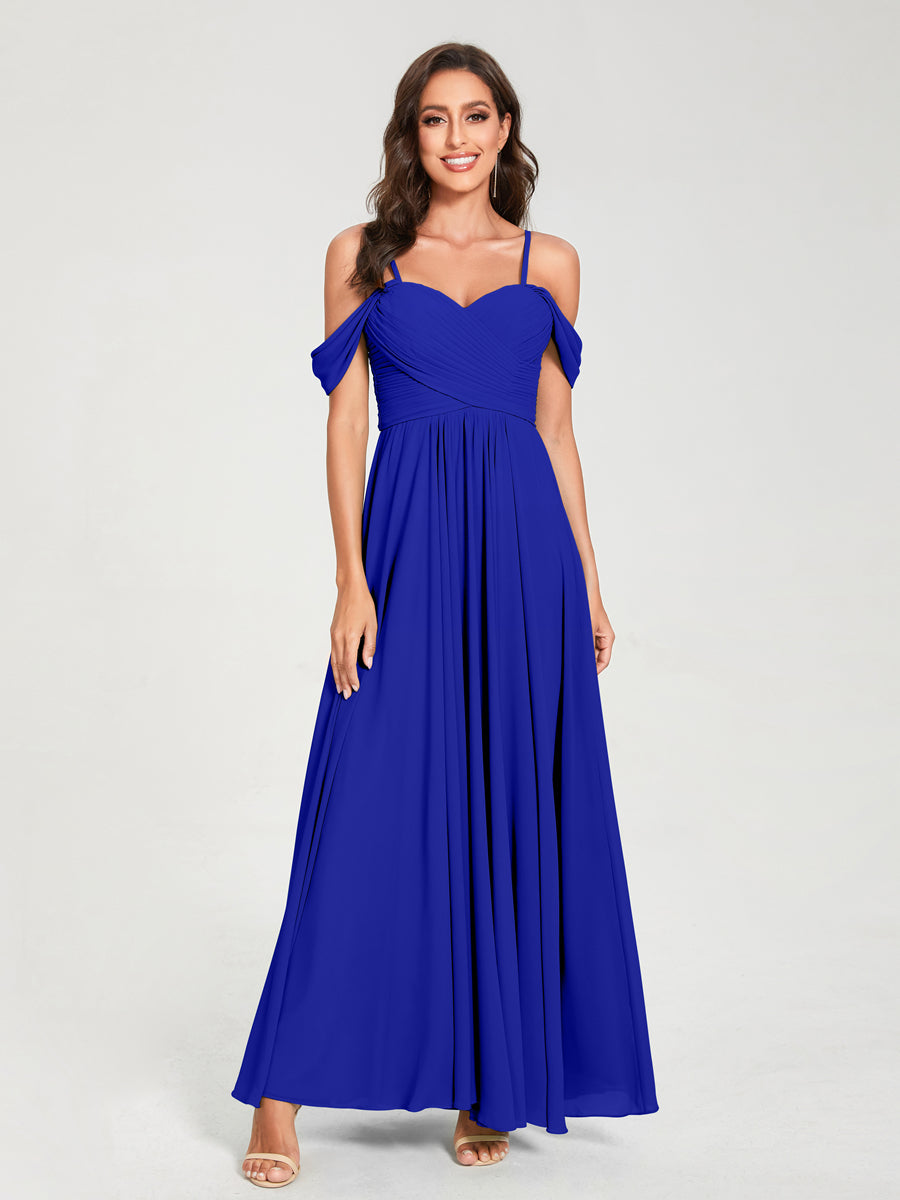 A-Line/Princess Chiffon Spaghetti Straps Short Sleeves Floor-Length With Pleats Bridesmaid Dresses